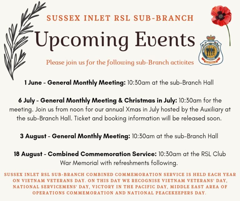 sussex inlet sub-branch commemoration activties and events for june july and august 2025